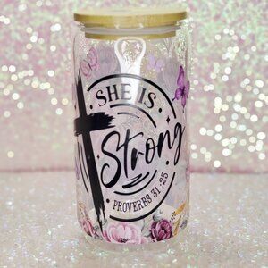 ☕"She Is Strong" Inspirational/Religious 16oz Glass Cup☕-BUNDLE & SAVE